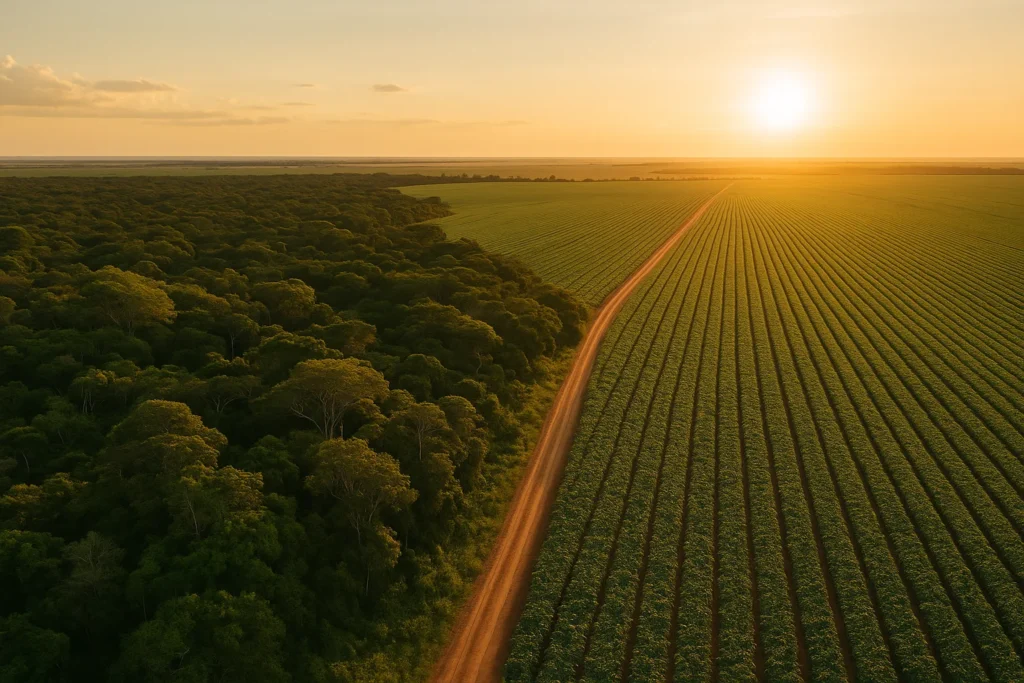 Fazenda brasileira com lavoura e área de vegetação nativa ao lado