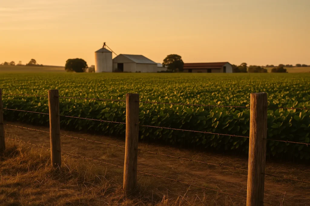 Fazenda brasileira com lavoura e cerca, ilustrando reajuste no arrendamento rural