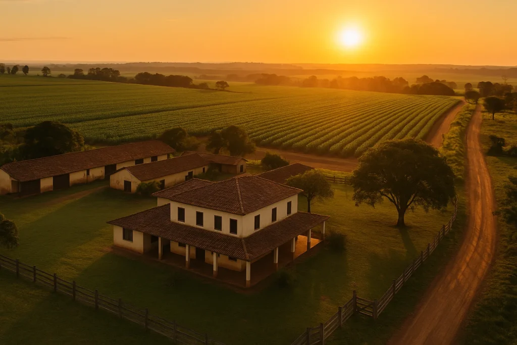 Fazenda brasileira em grande porte com lavoura e sede rural ao fundo