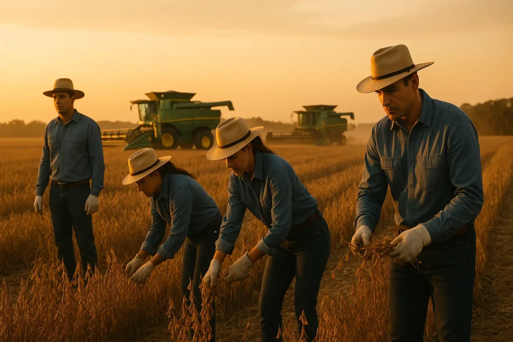 Equipe rural colhendo em fazenda brasileira ao amanhecer