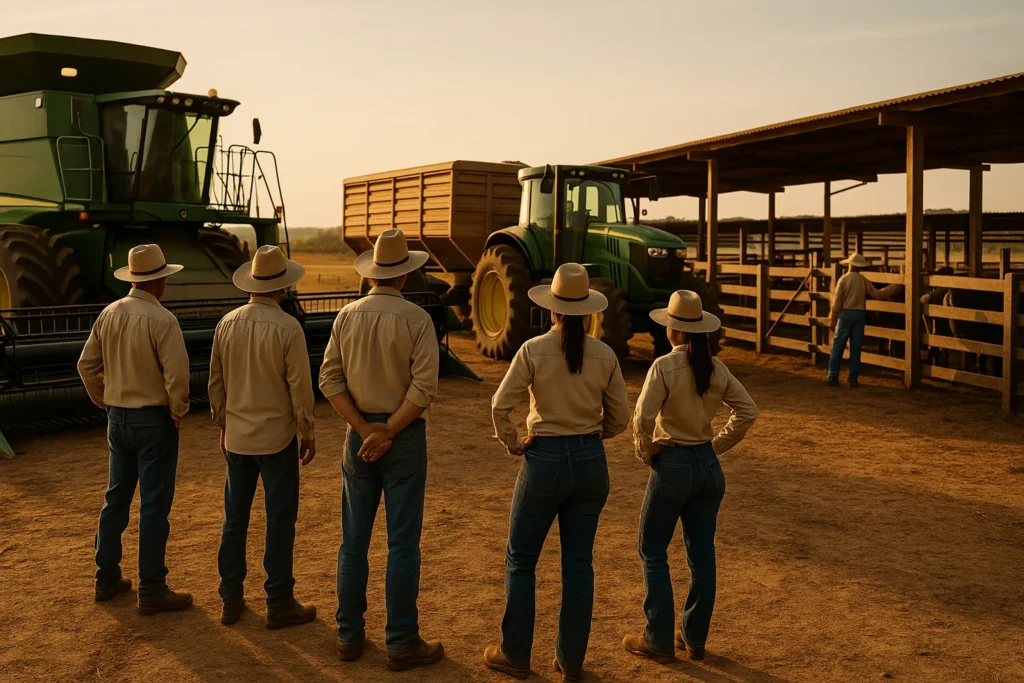 Fazenda brasileira com equipe e máquinas em rotina organizada