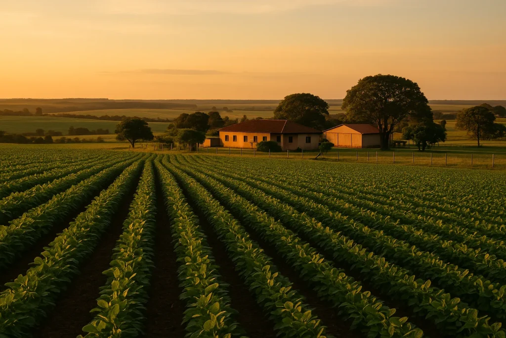 Fazenda brasileira com lavoura e sede rural, em contexto de crédito rural e regularização ambiental