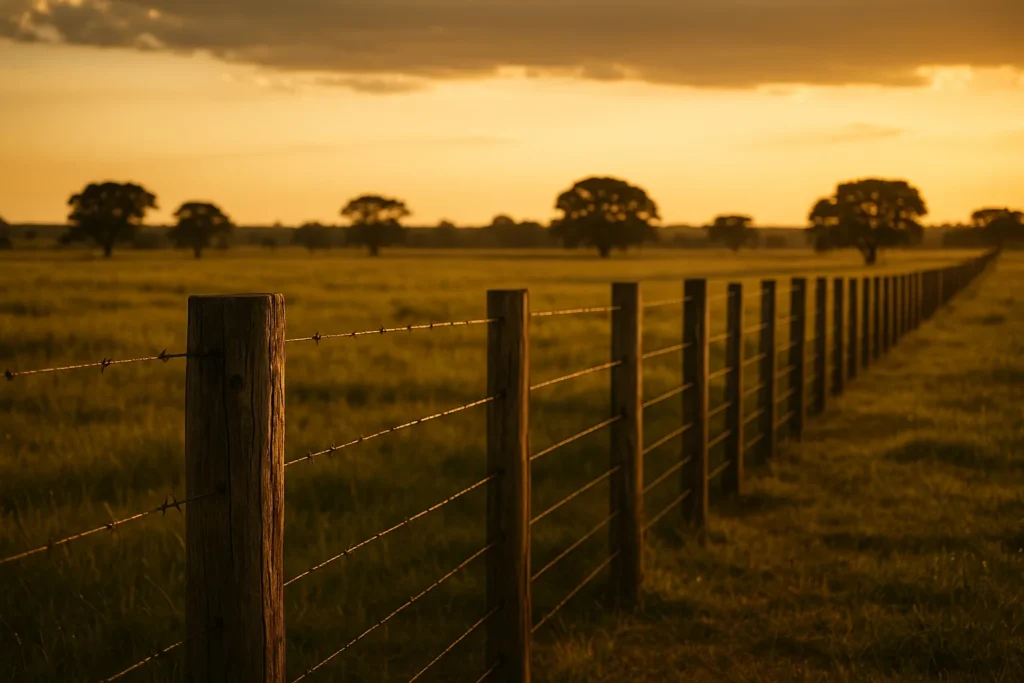 Fazenda brasileira com cerca e divisa rural ao entardecer