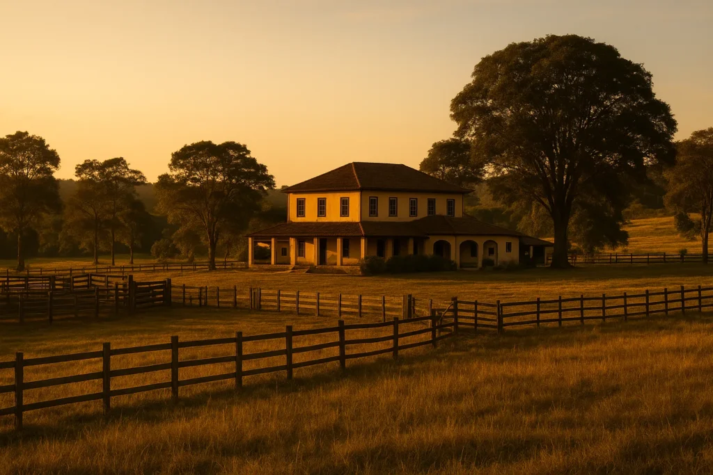 Fazenda brasileira de grande porte ao entardecer, em contexto jurídico trabalhista