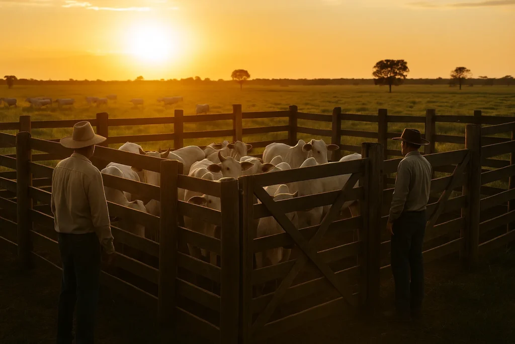 Pecuária em fazenda brasileira com curral e pastagem ao entardecer