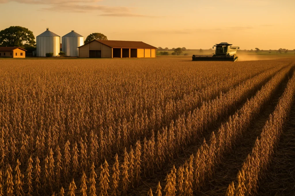 Fazenda brasileira com lavoura de soja e colheitadeira ao fundo ao entardecer