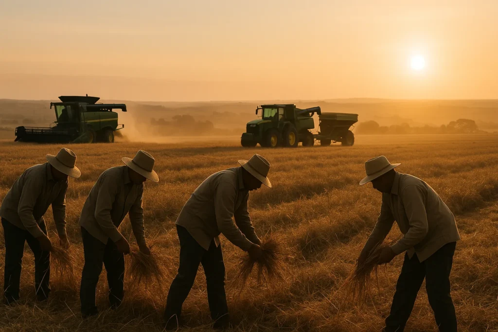Terceirização rural irregular: quando o produtor responde em 2026 Fazenda brasileira com equipe terceirizada em operação agrícola