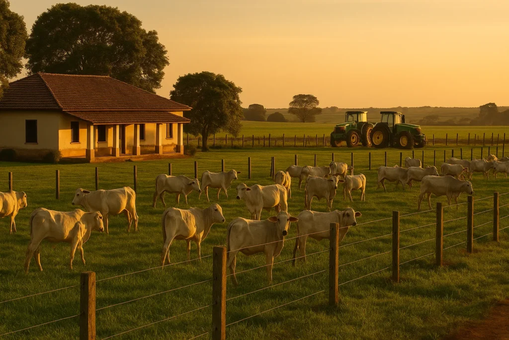 ITCMD no patrimônio rural: como blindar a sucessão antes do inventário Fazenda brasileira com sede rural e maquinário, simbolizando sucessão patrimonial