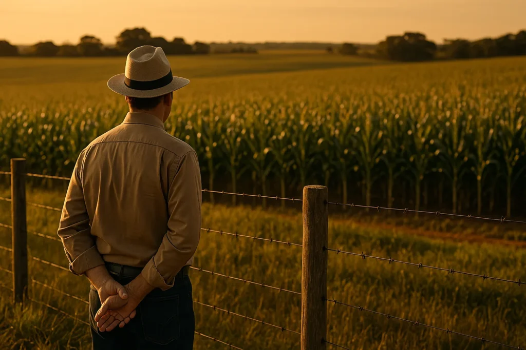 Arrendamento rural em 2026: cláusulas indispensáveis e ajuste legal Fazenda brasileira de grande porte com lavoura e cerca rural ao entardecer