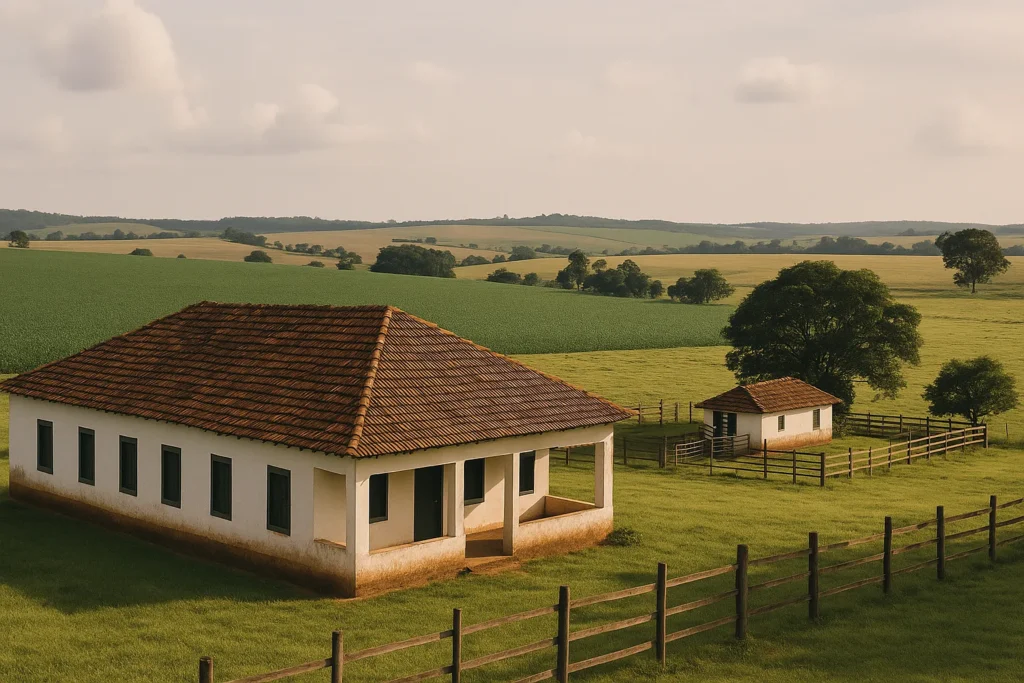 Fazenda brasileira com paisagem rural e clima institucional de sucessão patrimonial