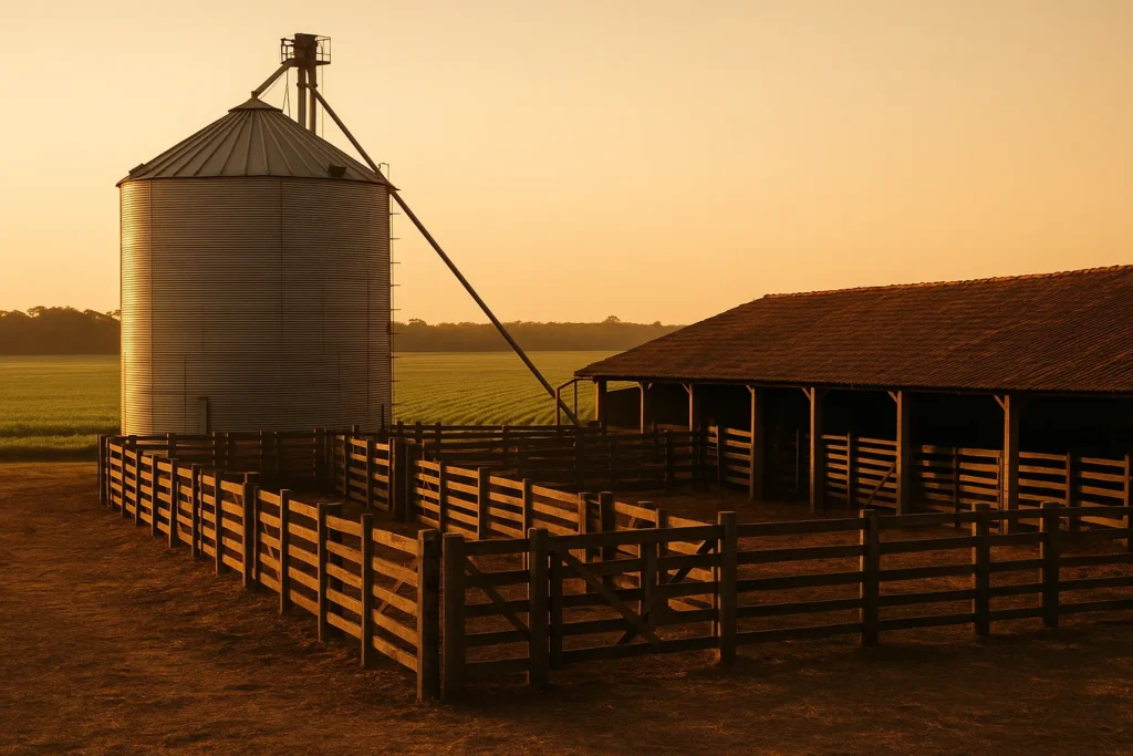 Fazenda brasileira de grande porte com lavoura e curral ao entardecer