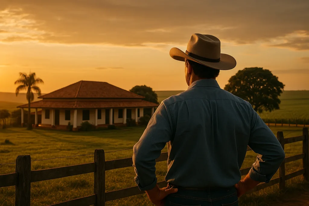 Proteção do patrimônio rural contra brigas familiares e dívidas pessoais em 2026 Fazenda brasileira ao entardecer, simbolizando proteção patrimonial rural