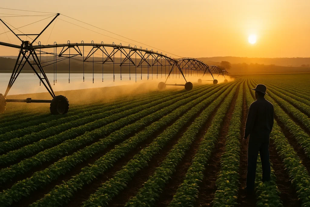 Outorga de uso da água na fazenda: riscos e cautelas contratuais Fazenda brasileira com irrigação e reservatório de água ao amanhecer