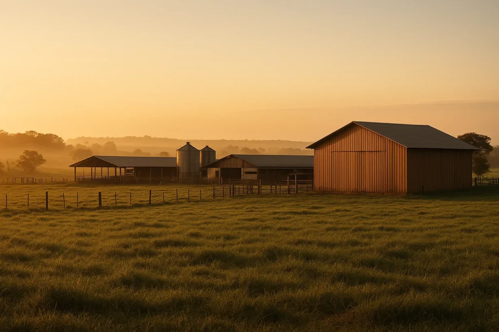 Funrural: falhas de recolhimento que geram passivo e travam a regularização rural Fazenda brasileira de grande porte ao amanhecer, em clima institucional e sério.