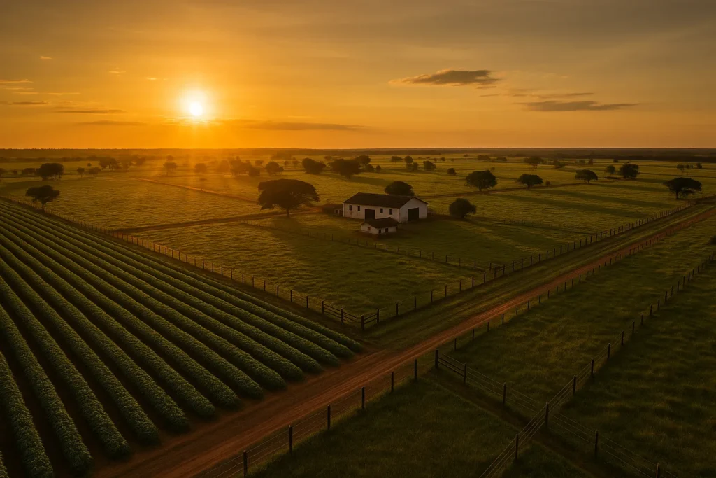 Fazenda brasileira com lavoura e cercas, em contexto de arrendamento rural